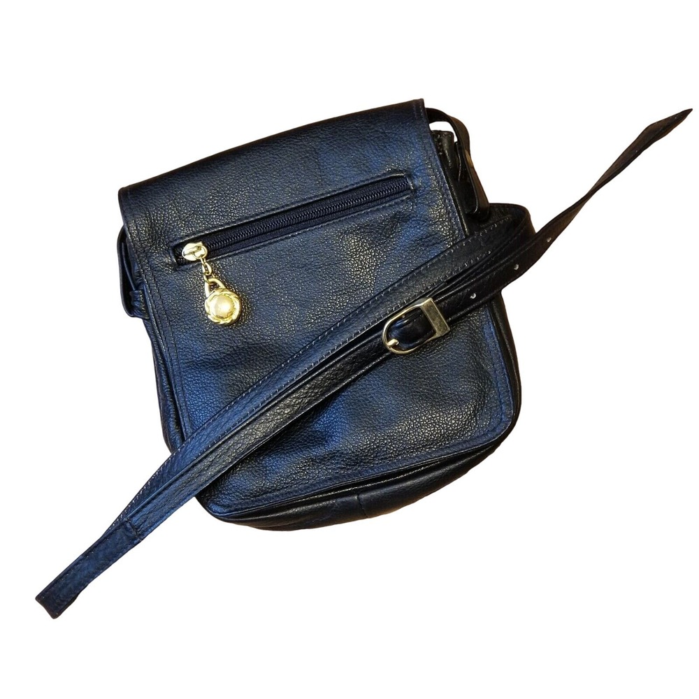 Vintage Barganza Leather Crossbody Bag Black Organizer Purse Made in India‎